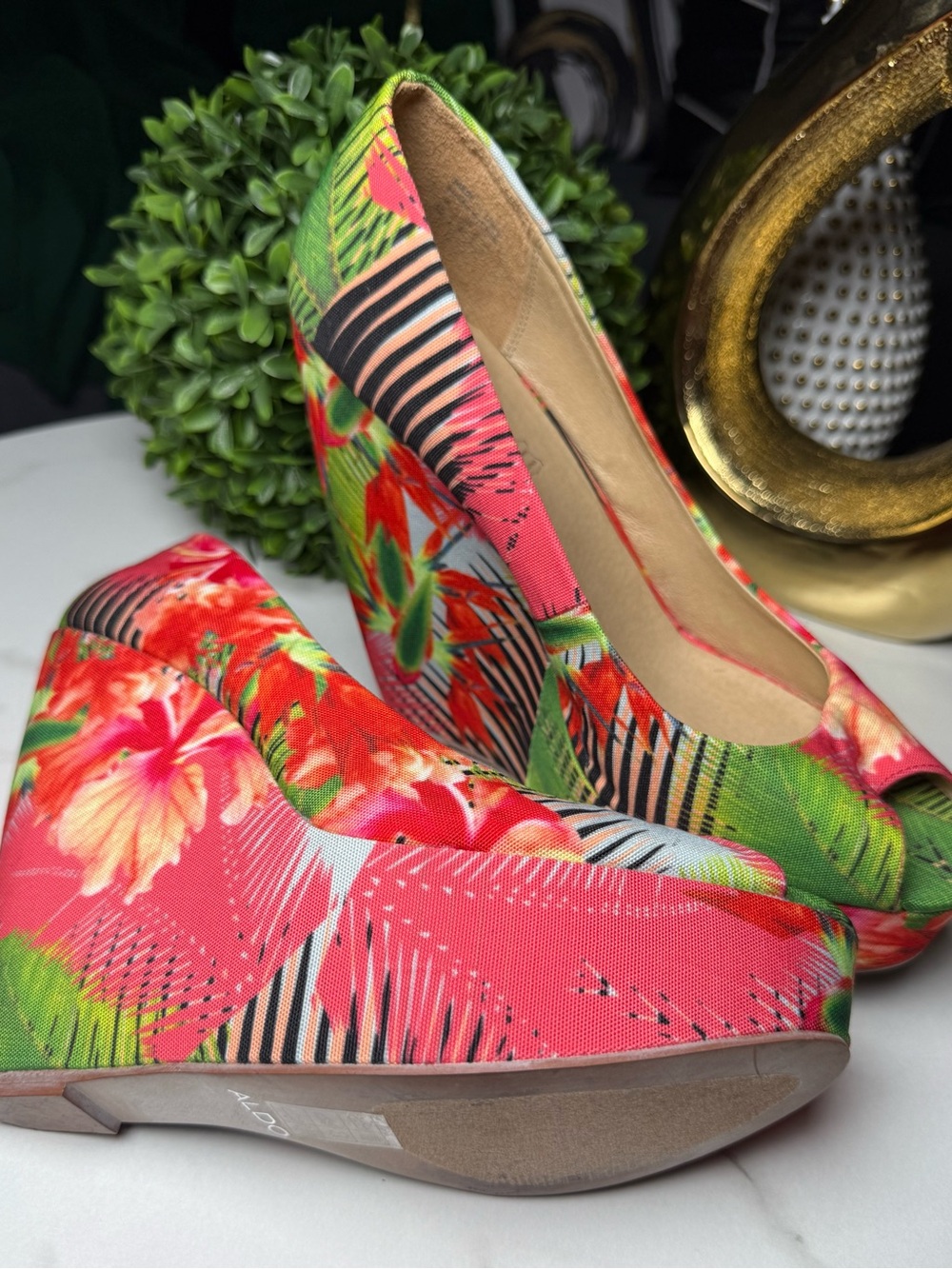 ALDO Tropical Floral Wedge Heels - Pink & Green